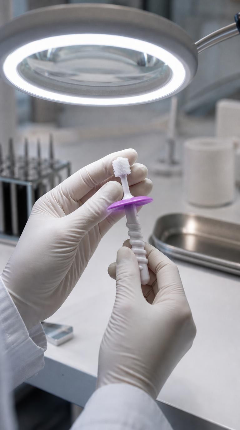 Des mains gantées examinent la brosse Dandelion Bébé sous une lampe loupe