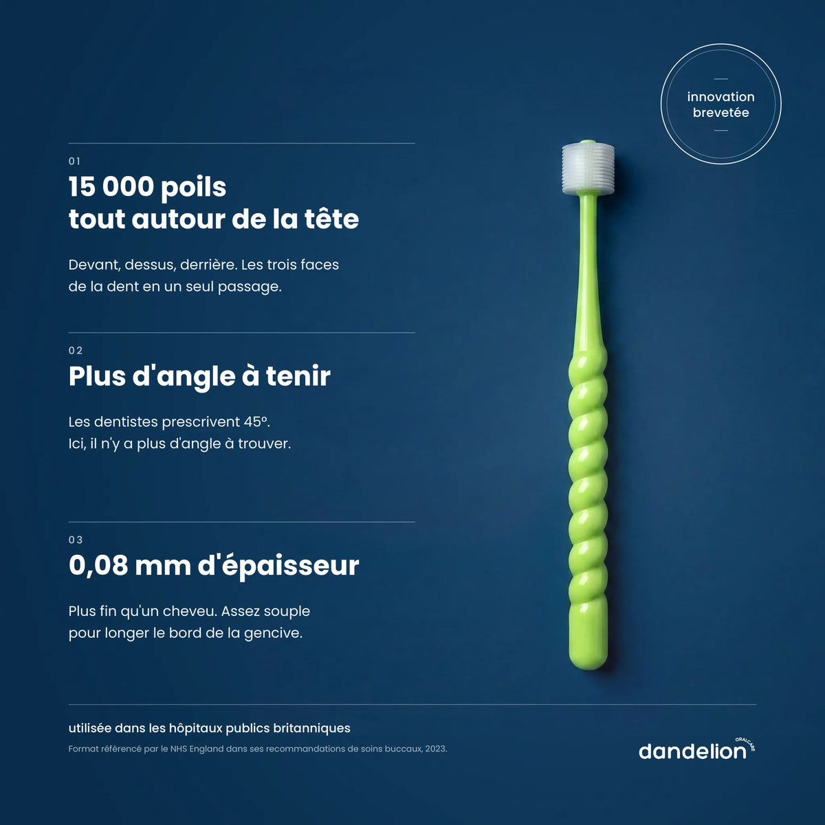 Brosse à dents adulte Dandelion verte sur fond bleu : 15 000 poils, plus d'angle à tenir, poils de 0,08 mm