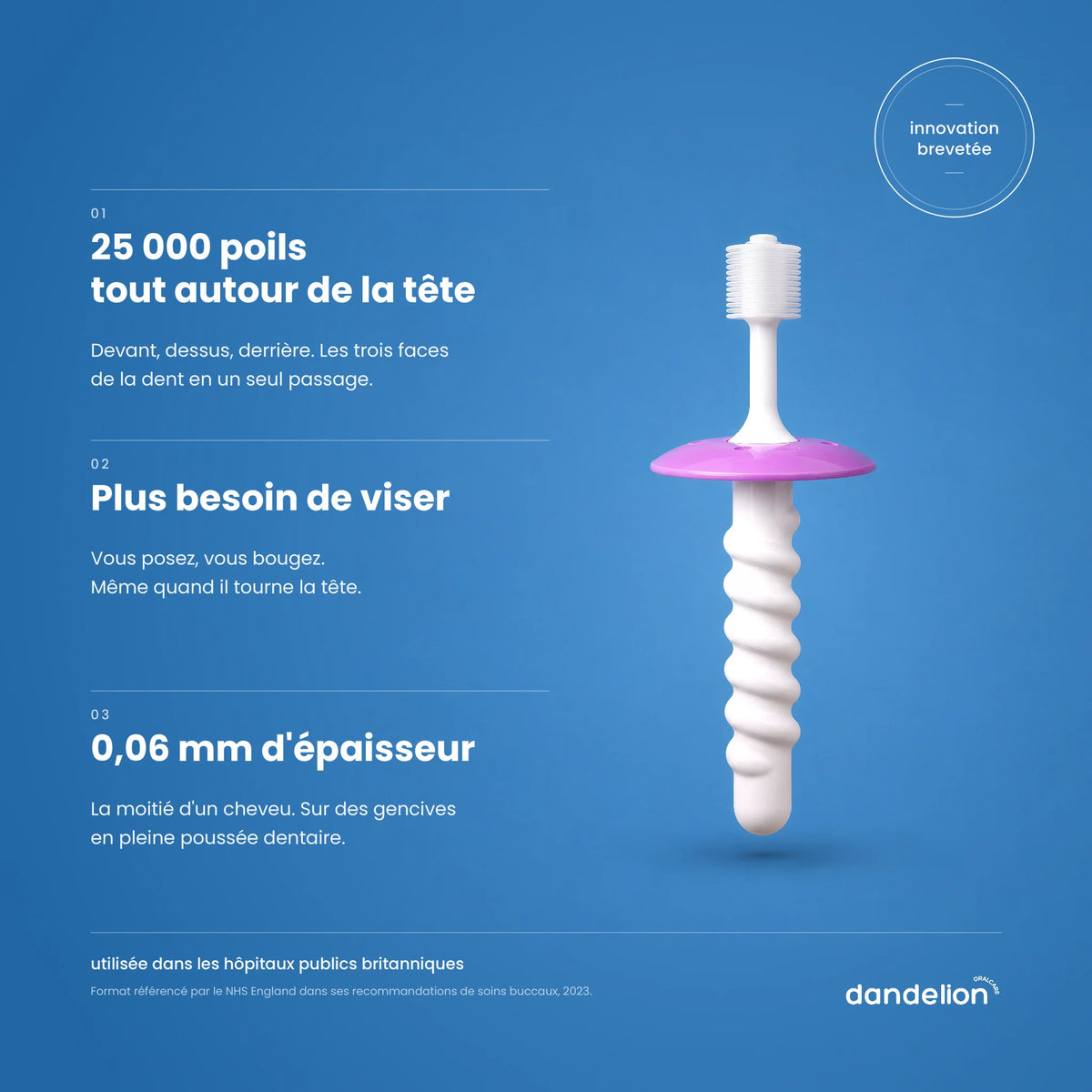 Brosse à dents bébé Dandelion à collerette sur fond bleu : 25 000 poils, plus besoin de viser, poils de 0,06 mm
