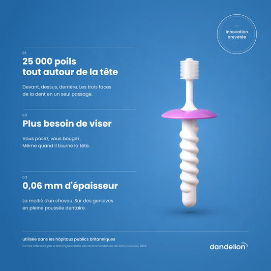 Brosse à dents bébé Dandelion à collerette sur fond bleu : 25 000 poils, plus besoin de viser, poils de 0,06 mm