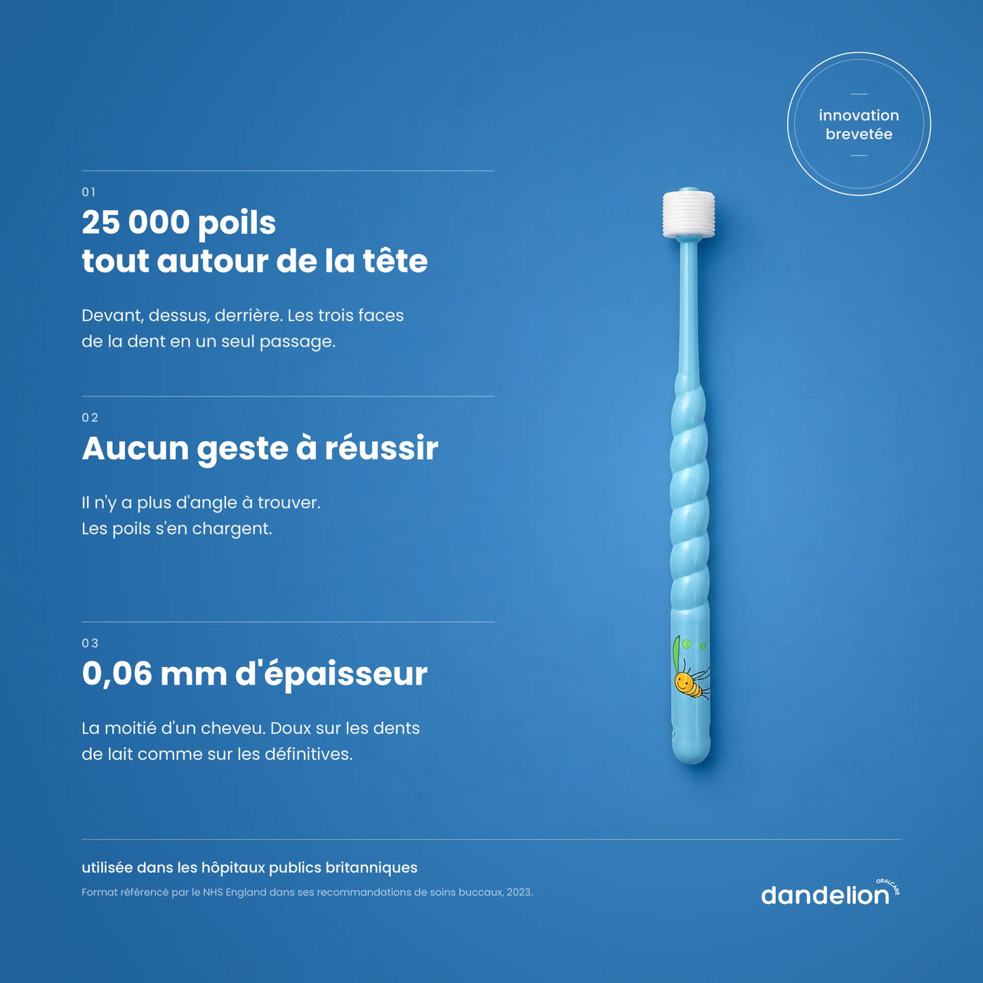 Brosse à dents enfant Dandelion bleue sur fond bleu : 25 000 poils, aucun geste à réussir, poils de 0,06 mm