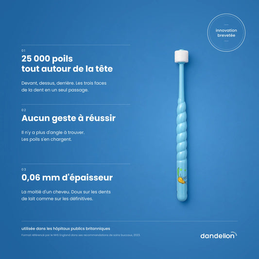 Brosse à dents enfant Dandelion bleue sur fond bleu : 25 000 poils, aucun geste à réussir, poils de 0,06 mm